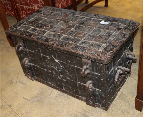 An 18th century iron Armada chest with loop handles and original key, W.72cm, D.40cm, H.36cm